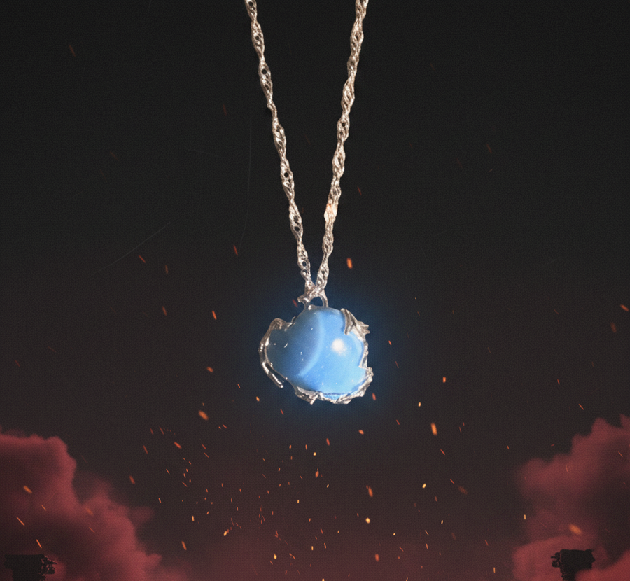 The finished blue pendant, glowing