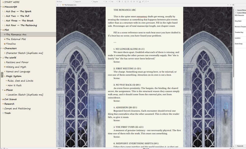 The Romance Arc beat sheet, in Scrivener